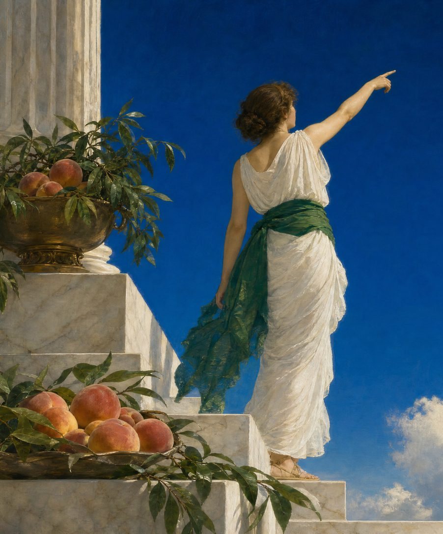 A figure in a white robe stands on marble steps beside a bowl of peaches and points up into a cobalt sky, painted in oils