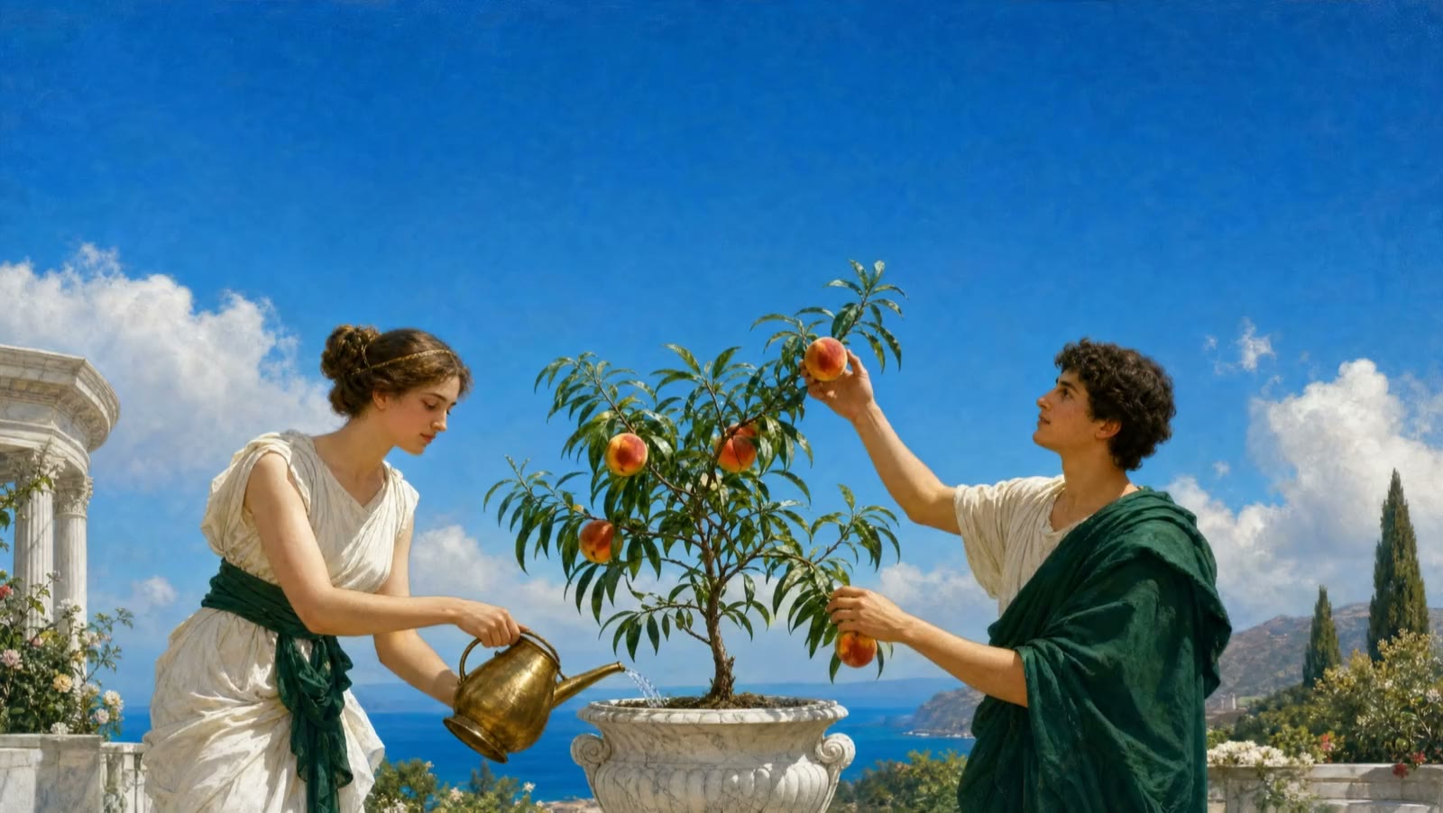 Two figures in white and green robes tend a young peach tree on a marble terrace, painted in oils