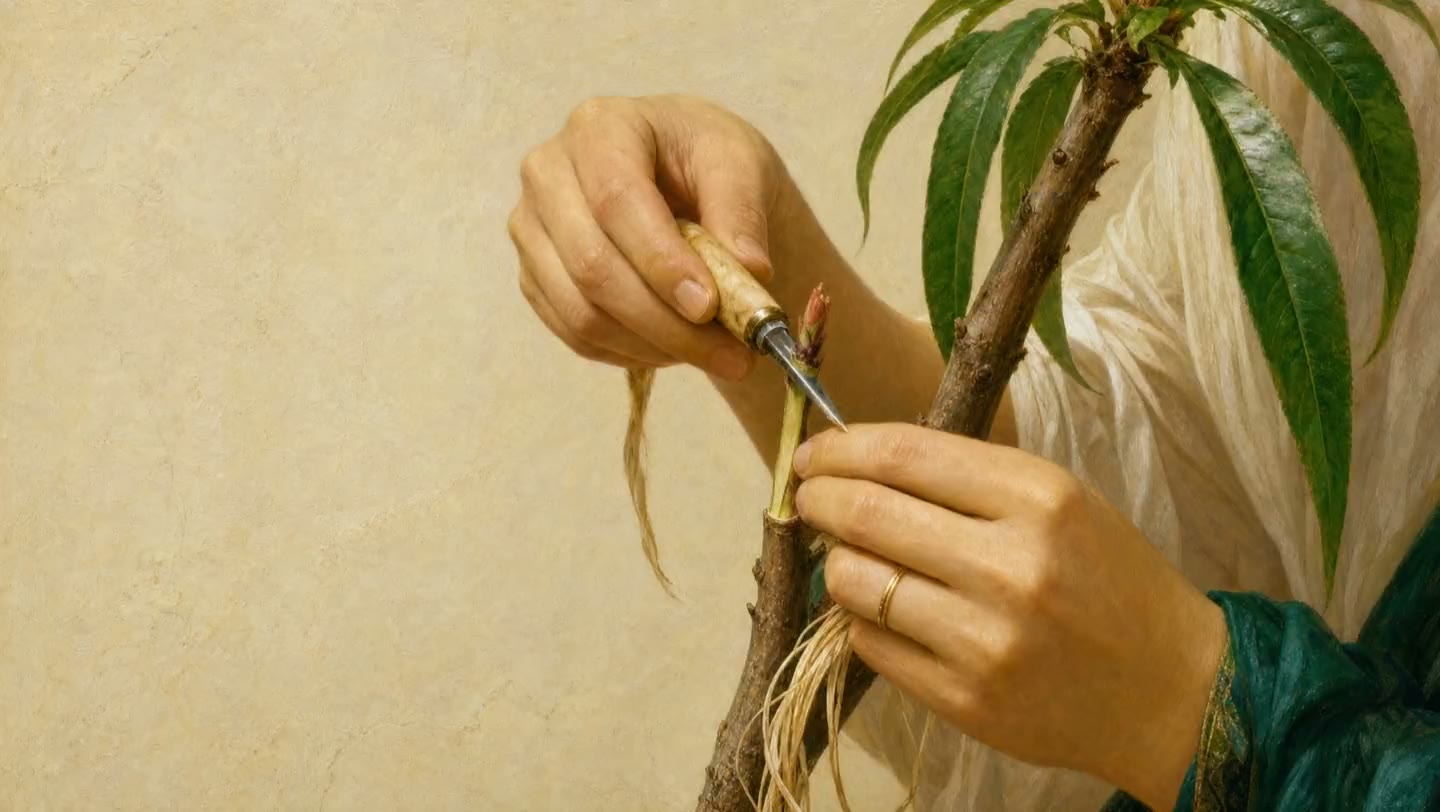 Hands graft a young peach shoot onto a branch and bind it with raffia, painted in oils