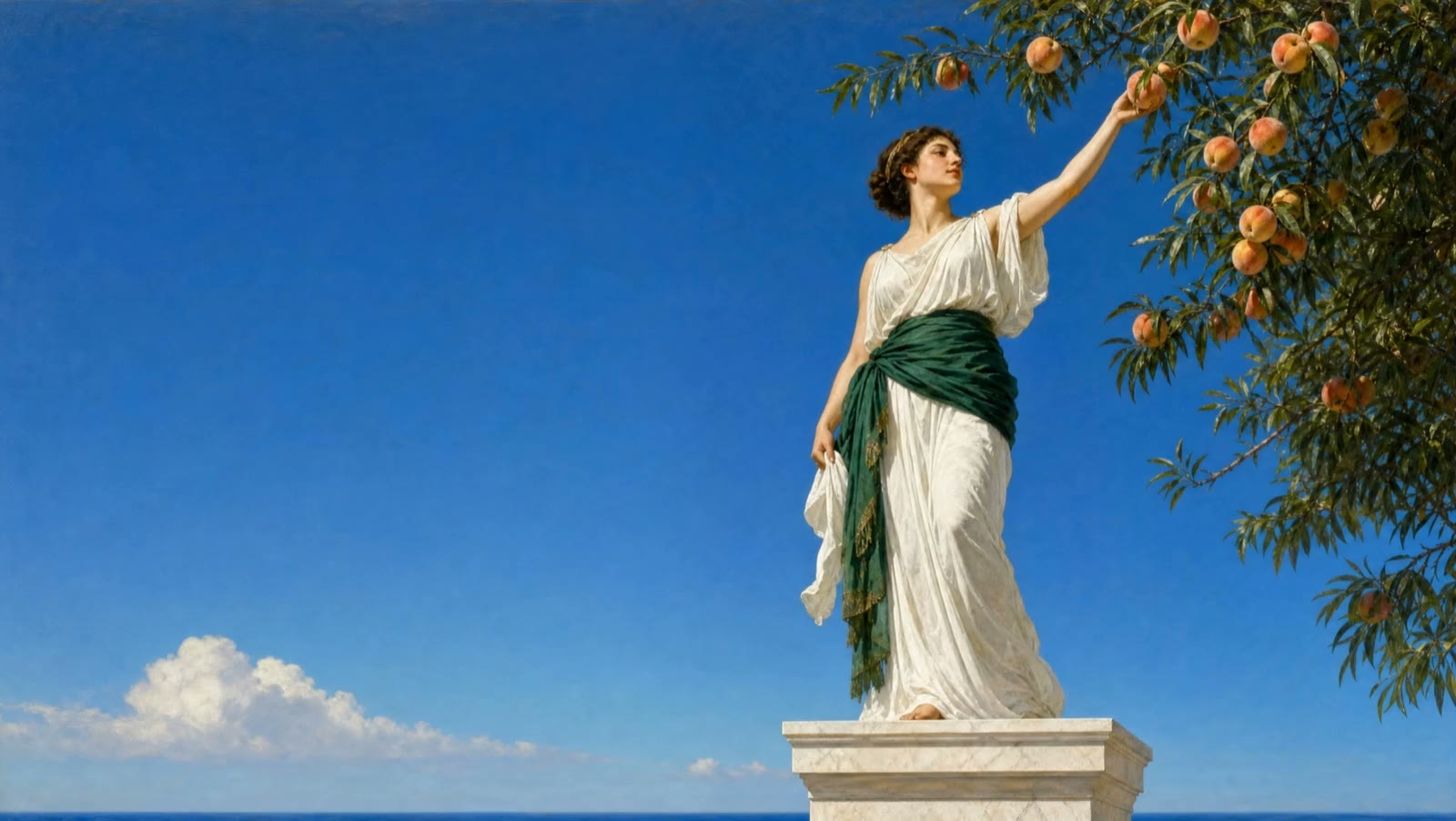 A woman in a white robe and green sash reaches for a ripe peach against a blue sky, painted in oils