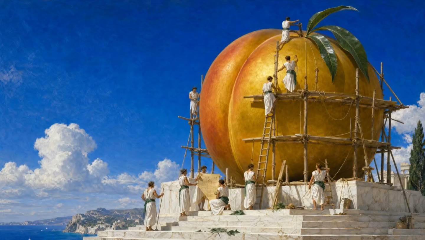 Workers on wooden scaffolding gild a giant golden peach on a marble terrace above the sea, painted in oils